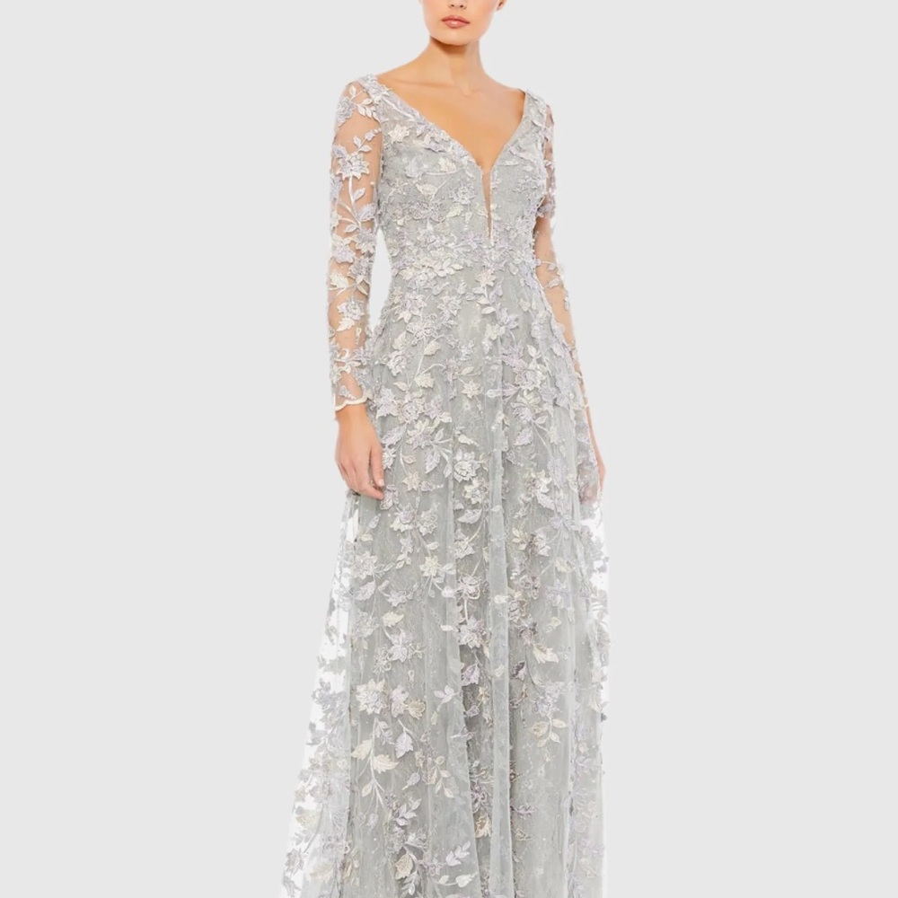 Mac Duggal Silver Floral Lace Appliqué Maxi Dress
